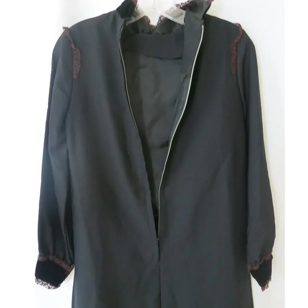 Vintage Black Dress 70s Velvet Lace Size M** Women  Knee Length Party Cocktail